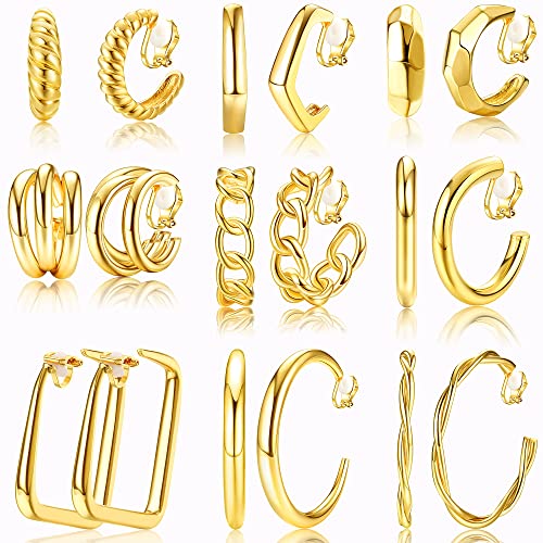 Kakonia 9 paires de boucles d'oreilles créoles à clipser pour femmes boucles d'oreilles créoles épaisses en or à clipser boucles d'oreilles non percées fausses boucles d'oreilles pour femmes(Or) Cover