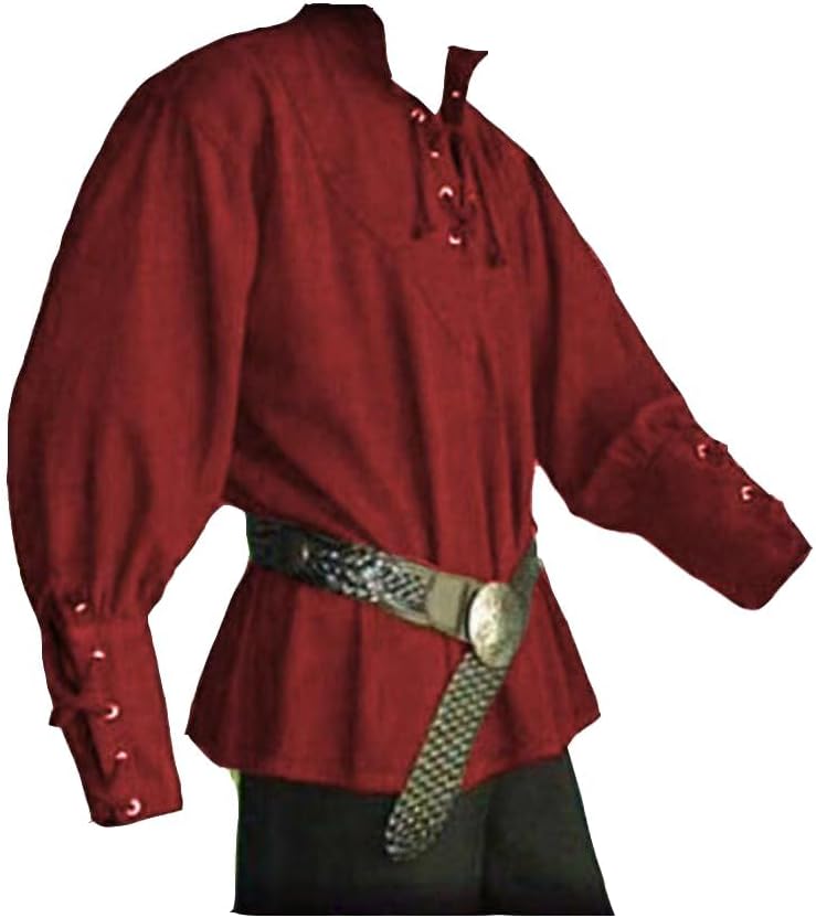 Men's Medieval Pirate Shirt, Viking Steampunk Costume Victorian Lace Up Shirts Halloween Renaissance Gothic Cosplay Tops - Image 2