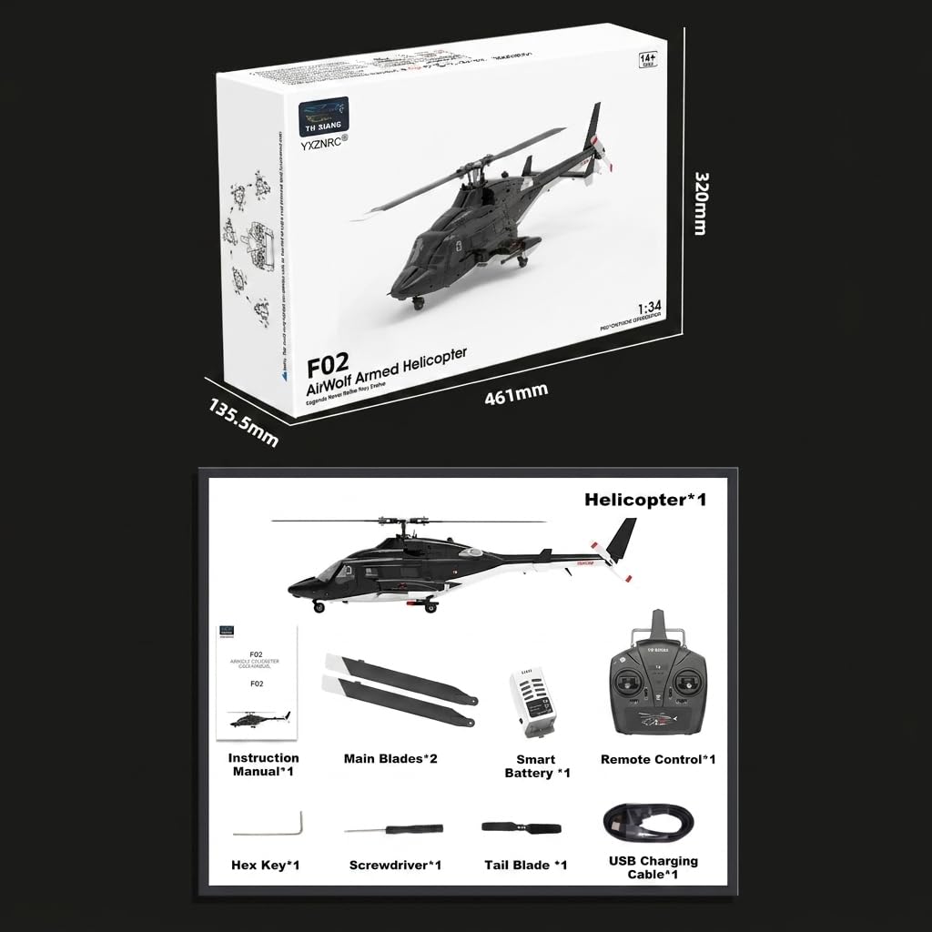 NULA YUXIANG F02 Air-Wolf RC Hubschrauber, 6CH Brushless 1:34 Helikopter | Mit 6-Achsen-Gyro, Optischer Positionierung, Höhenhaltung, Rückenflug Per Knopfdruck – RTR / 1 Akku