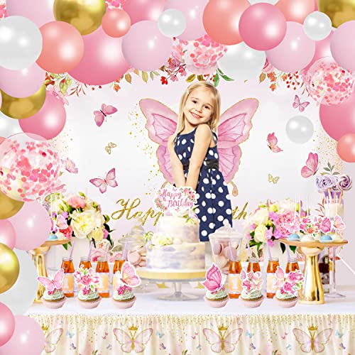 87 Pcs Pink And Gold Butterfly Birthday Party Supplies Include Photography Backdrop Banner Pink Gold Balloons Arch Cake Decorations Tablecloth Butterfly Theme Party Decorations For Girls And Women #TOP5