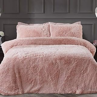 Sleepdown Fleece Luxury Long Pile Faux Fur Blush Pink Super Soft Easy Care Duvet Cover Quilt Bedding Set with Pillowcases - Double (200cm x 200cm)