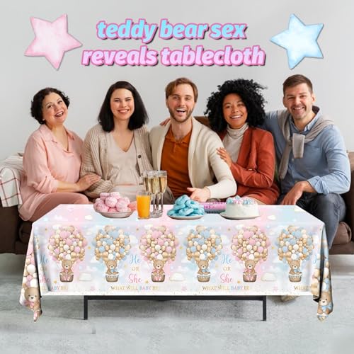 Image of Teddy Bear Gender Reveal Decorations, 3Pcs Bear Tablecloths Pink BlueTablecloths for He or She Gender Reveal Party Favors