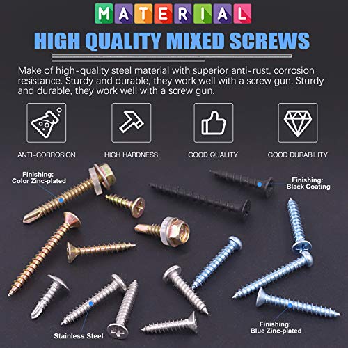 Glarks 320Pcs Mixed Self Drilling Screws and Self Tapping Screws Assortment Kit 16 Different Types Wood Screws, Sheet Metal Screws and Drywall Screws for Wood, Sheet Metal and Drywall Use