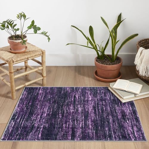 2x3 Purple White Modern Abstract Rug for Entryway, Super Soft Small Area Rug, Washable Non-Slip Kitchen Rugs, Low-Pile Mat for Bedside, Indoor Door Mat