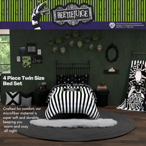 Image of Franco Collectibles Beetlejuice Halloween Striped Bedding 4 Piece Super Soft Comforter and Sheet Set, Twin, (Officially Licensed Product)
