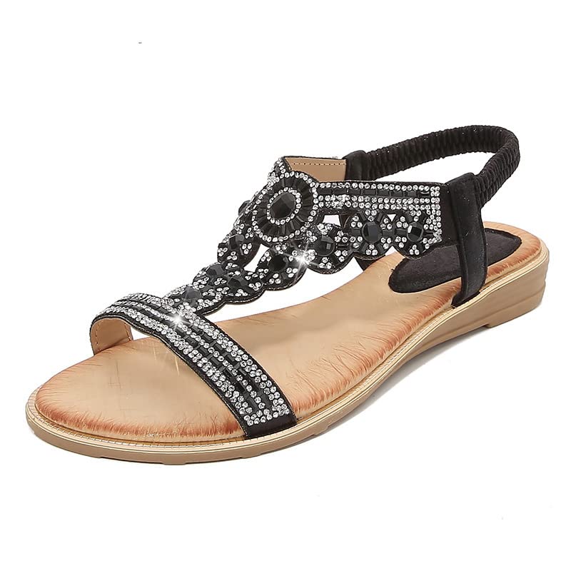 Sandales plates pour femme sangle en T noir taille 40 strass chic