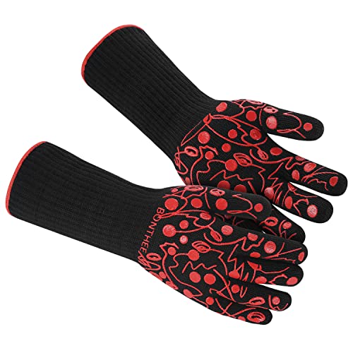 Preisvergleich Produktbild BONTHEE Deyan Neues Material 36 cm Grillhandschuhe Hitzebeständig 800 Grad mit langem Unterarmschutz Ofenhandschuhe BBQ Lang - Schwarz & Rot