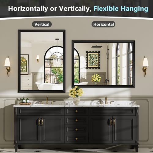 Image of 40x38 Inch Black Bathroom Mirror for Wall, Beveled Framed Rectangle Bathroom Vanity Mirrors for Over Sink, Bedroom, Living Room, Entryway, Anti-Rust, HD Tempered Glass, Horizontally /Vertically