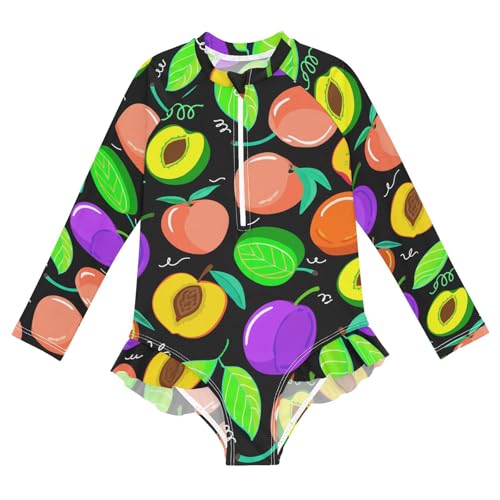 J JOYSAY Peach Fruit Drawing Black Girls One Piece Swimsuits Long Sleeve UPF 50+ Rash Guard Kids Swimwear 3-12 Years