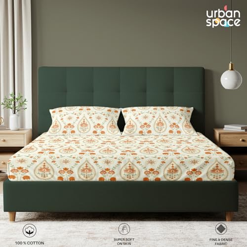 Image of Urban Space Serene 200 TC 100% Cotton Bedsheet for King Bed, Cotton King Bedsheet with 2 Pillow Covers (Persian-Courtyard Buttercream, Size 108 x 108 inches)