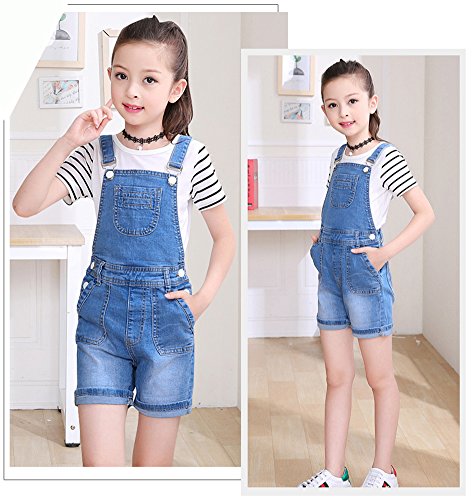 Sitmptol Girls Little Kids Distressed BF Jeans Cotton Denim Ripped Bib Overalls 130 Light Blue - Thumbnail 4