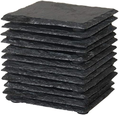 Paquete de 12 posavasos de piedra de pizarra negra de 4 x 4 pulgadas para bebidas, bar, cocina, hogar, hecho a mano, borde rugoso natural, juego de