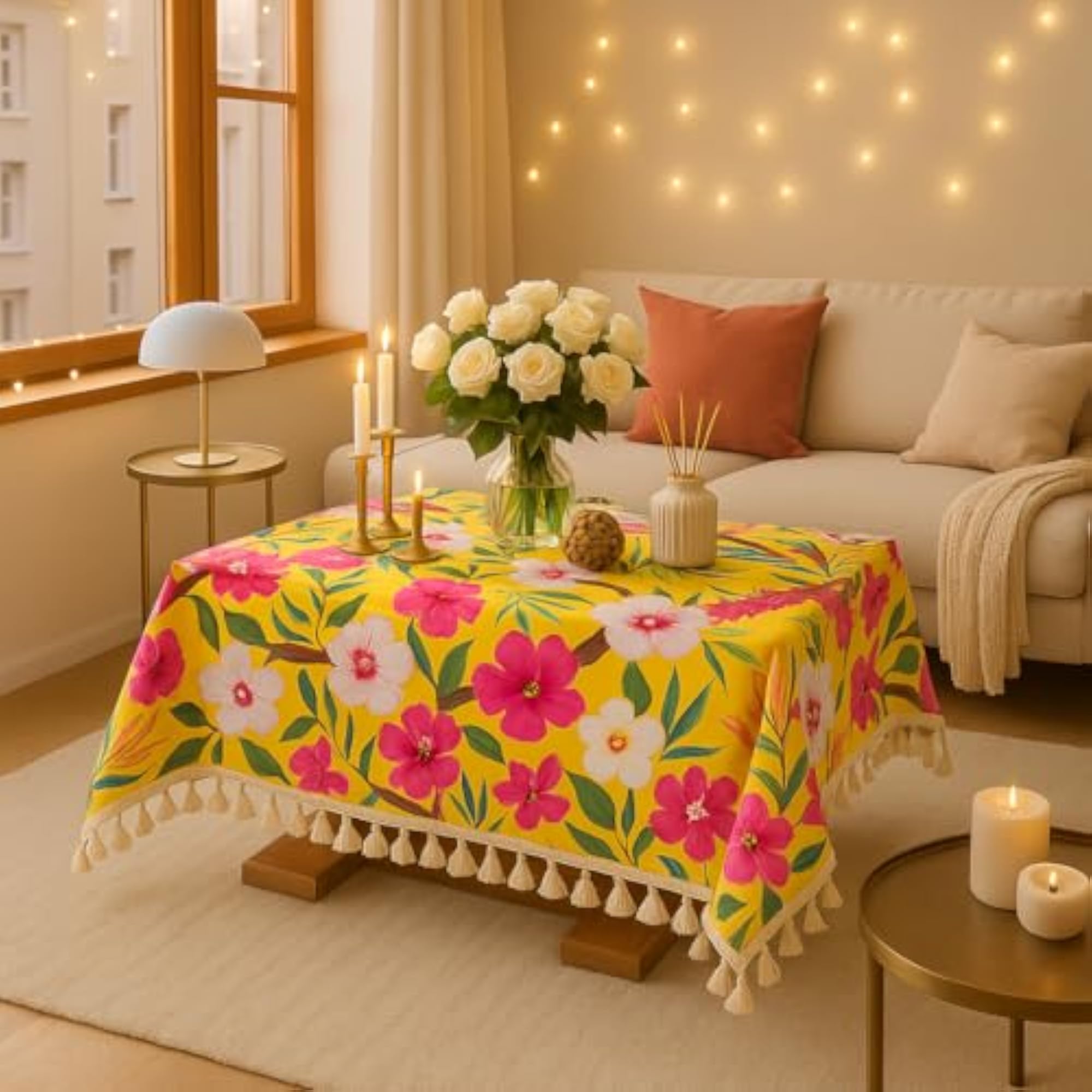 Floral Boho Dining Table Cover with Tassels