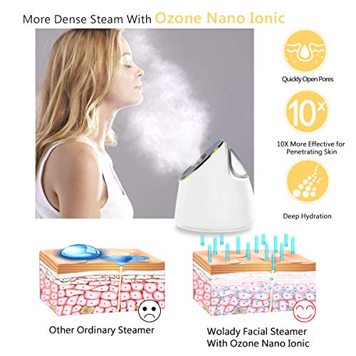 Nano Ionic Face Steamer, Wolady 3 in 1 Home Sauna SPA Facial Warm Mist Humidifier Steamer with Stainless Steel Skin Kit for Pores Cleanse Clear Blackheads Acne Impurities Skin Care (White)