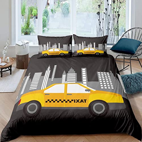 JOGAMA Housse de Couette 140x200 Taxi, Auto Parure de Lit 1 Personne Imprimée 3D Microfibre Housse Couette Taxi, 2 Taies d'oreiller 65x65 cm