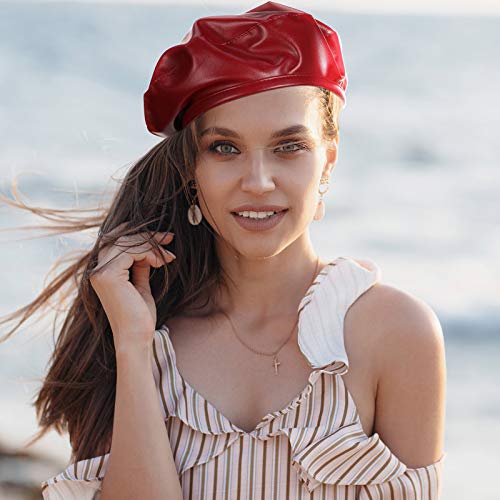 Geyoga 2 Pieces Girls Faux Leather Beret Pu French Berets Hat Caps Causal Beanie Hat For Ladies And Girls (Wine Red, Black) #TOP2
