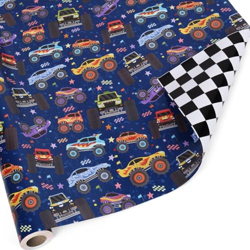 BIOBROWN Monster Truck Reversible Wrapping Paper Mini Roll Checkered Flag Design Perfect for Kids and Boys Birthdays 43cm x 10m