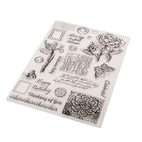 Postage Rose Peony Flower Pattern Clear Stamps Vintage Words Background Transparent Seal Stamps For Holiday Card Making Decoration And Diy Scrapbooking Album Diy Crafts #TOP4
