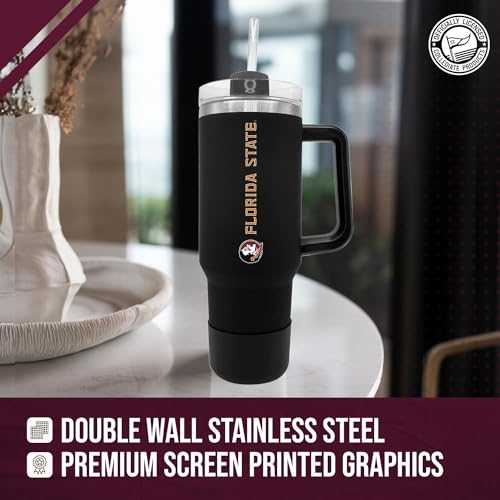Image of Florida State Seminoles 40 oz Tumbler with Handle and Straw - Black | Officially licensed Florida State Seminoles insulated tumbler - Go Noles; vacuum-sealed stainless steel; straw included