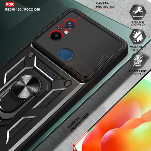 Image of Armor Bumper Back Cover Case for Redmi 12C / Poco C55 Rotating Camera Cover, Ring Holder & Kickstand | Heavy Duty & 360 Degree Protection Redmi 12C / Poco C55 Back Cover (Black)