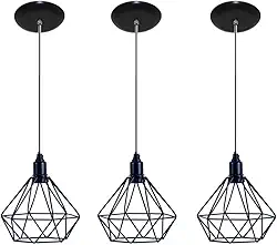 Kit 3 Pendentes Diamante Aramado Luminária Preto Cabo Regulável