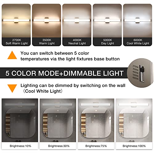 Image of Bathroom Vanity Light Brushed Nickel Square LED 24 inch 14W 4000K Natural White Light Wall Bar Lighting Fixtures Over Mirror (Brushed Nickel, 33.5 inch 5CCTDimmable)