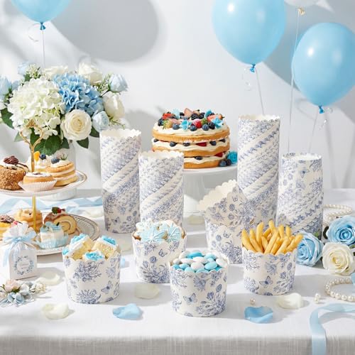 Qinyoung 150 Pcs Blue Floral Cupcake Wrappers Liners Blue White Chinoiserie Wildflower Paper Baking Cups Disposable French Vintage Cupcake Muffin Cases for Wedding Baby Shower Birthday Tea Party Decor by Qinyoung - Image 6