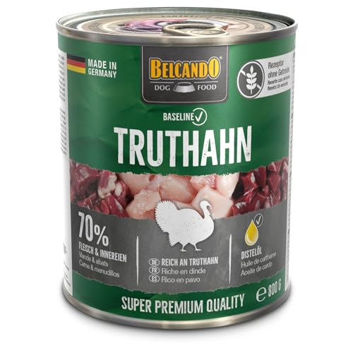 BELCANDO Baseline Nassfutter für Hunde, Truthahn, 6X 800g Dose, 70% Fleisch für ausgewachsene Hunde, Hundefutter nass ohne Getreide, Made in Germany