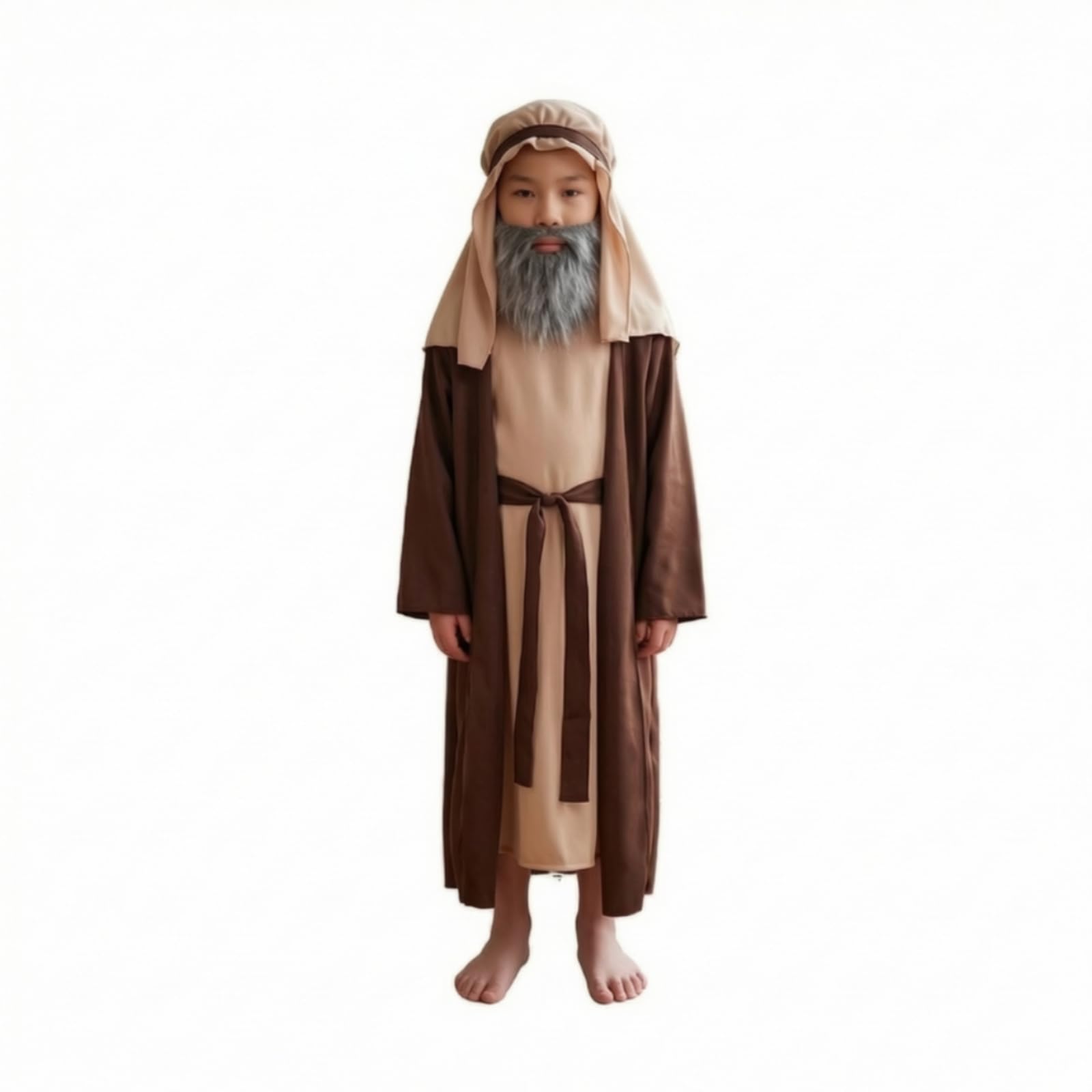 Costume con Barba Leggero | Tunica con Cappuccio e Barba, Beige, Costume Cintura, per Halloween
