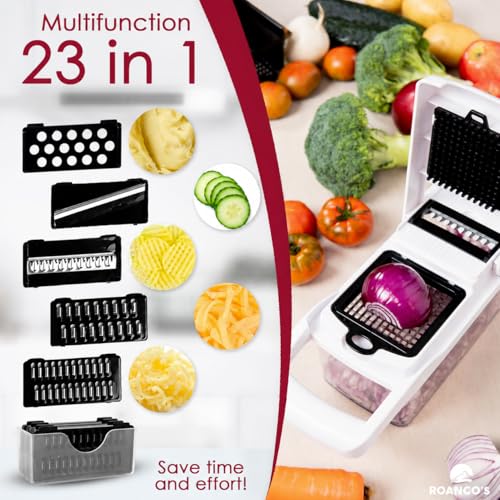 Miniatura 3 de Multifuncional Cortador De Verdura Manual 23 En 1, Mandolina De Cocina Profesional, Picador De Verduras Y Patata, Espiralizador, Rallador Cebolla, Cuchillas De Acero Inoxidable, Utensilios De Cocina.