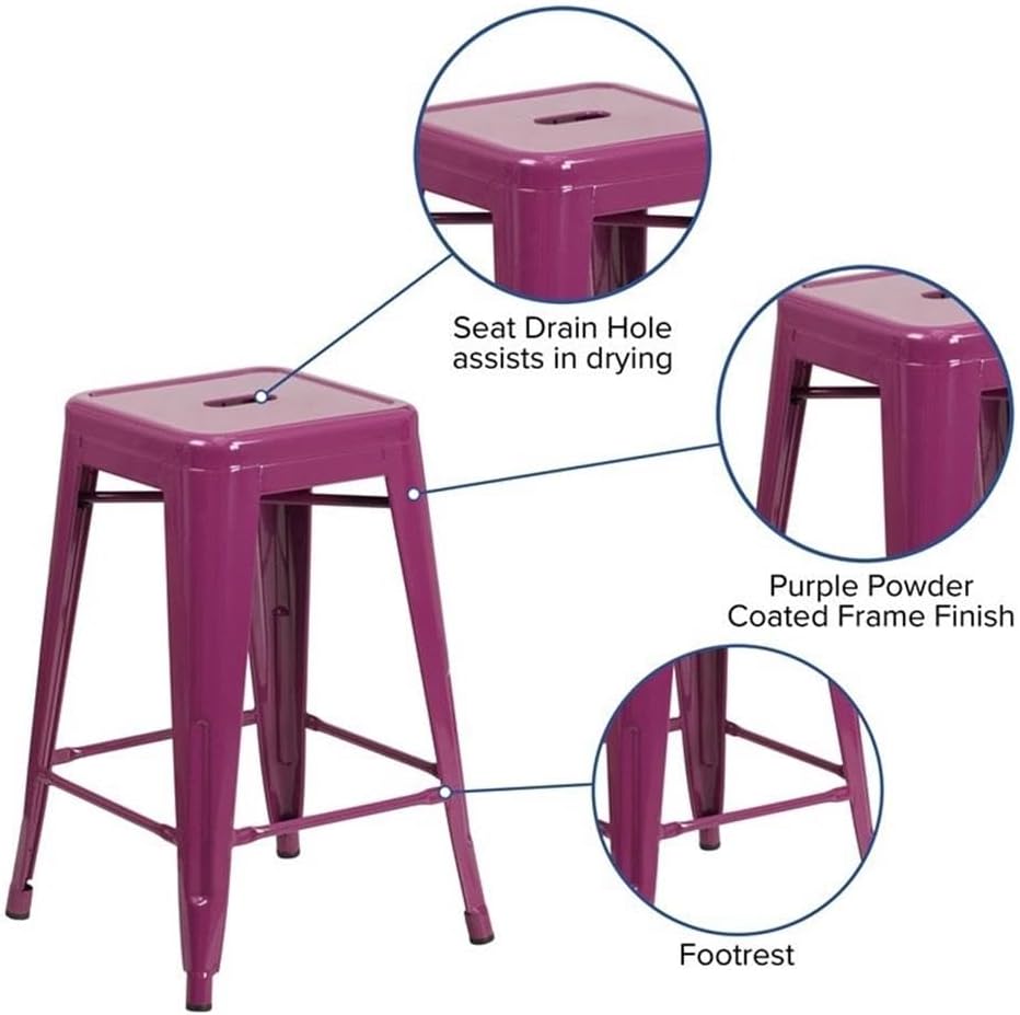 BOWERY HILL 24" Industrial Metal Counter Stool, Purple Powder Coated Finish, Backless Stackable Design, Lightweight Indoor/Outdoor Seating, with Footrest and Floor Glides for Bar, Kitchen, or Patio