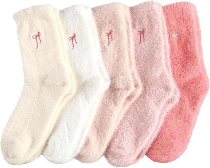 5 Pairs Women's Bow Fluffy Socks Winter Soft Slipper Socks Cosy Thick Spa