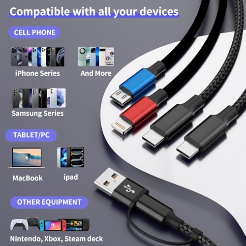 Image of 4 in 2 Multi Charging Cable, Charging Cords for Multiple Devices, 3Pack 5FT | Dual Type-C Ports Phone Charger Cord, Universal Charger for iPhone17-12 /Android /Pad, Car, Camping and More, Travel Essentials