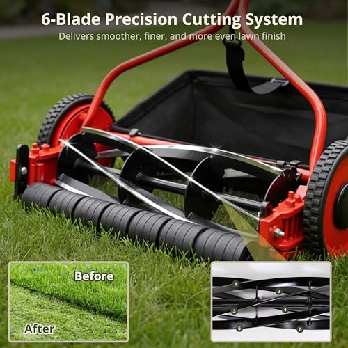 Image of Kraft Seeds 16 Inch Manual Lawn Mower Grass Cutting Machine, 6 Blade Push Reel Mower with Height Adjustable Eco Friendly Garden Grass Cutter Machine