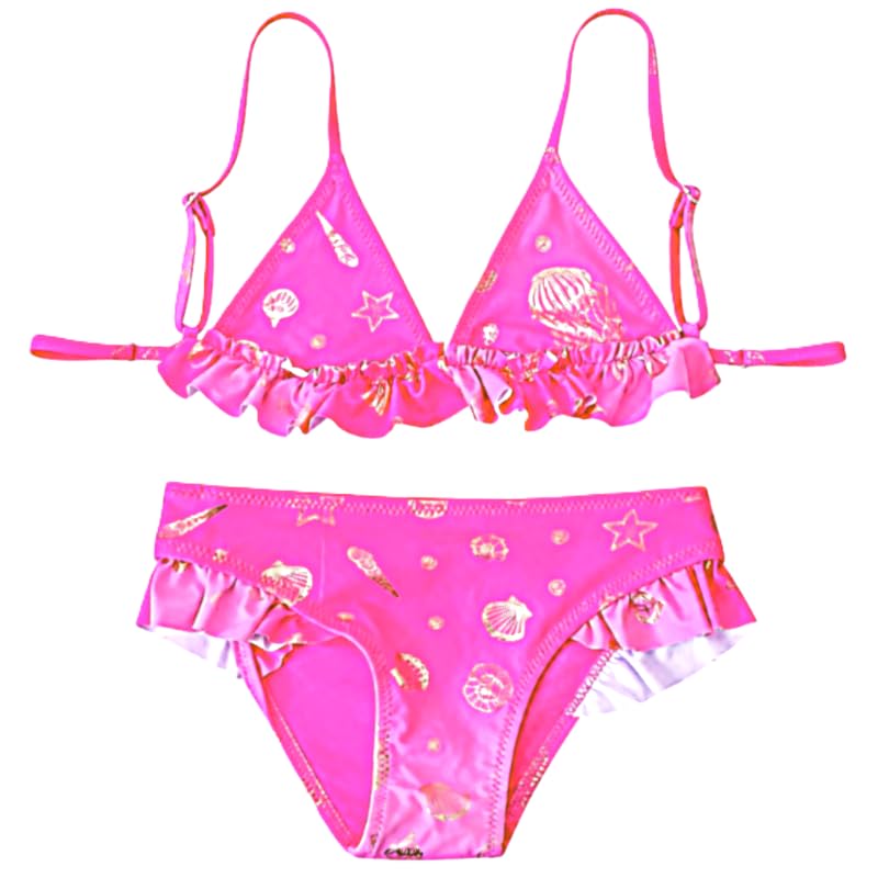 Bikini Due Pezzi per Bambina, Fantasia Colorata con Unicorni e Stelle Marine, Volant, Mare e Piscina
