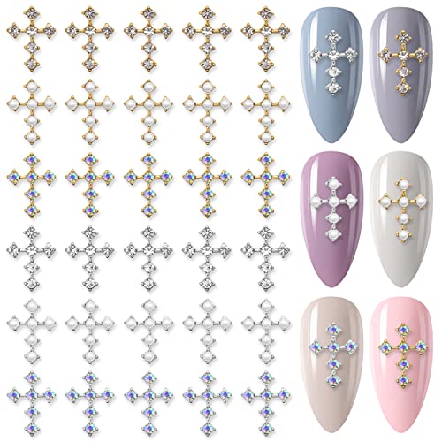 Danneasy 30Pcs Cross Nail Charms 3D Gold Silver Nail Jewels Ab Nail Rhinestones Cross Charms For Nails Design Metallic Nail Art Decoration For Acrylic Nails Diy Craft Nail Accessories #TOP15
