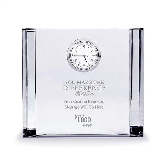 Trofeo de reloj grabado personalizado, cristal transparente con detalles plateados, pieza de tiempo de inserción de plata, tamaño mediano, grabado