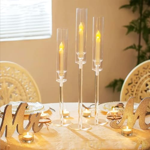 COMZPLIFE Hurricane Candle Holders, Acrylic Candlestick Tapered Holder with Clear Bottomless Covers for Fireplace, Table Centerpiece Decor(Set of 3)