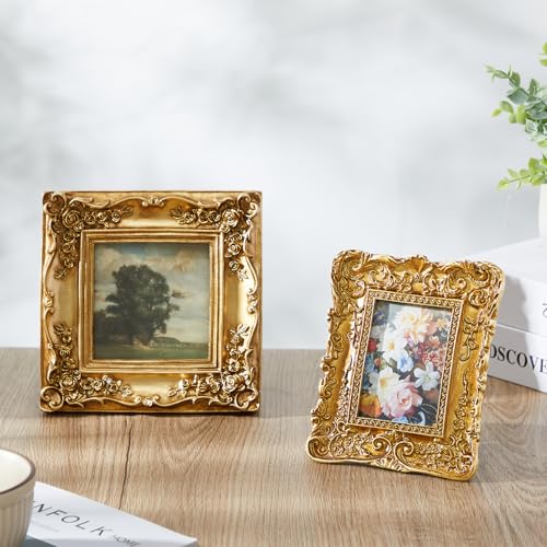 Qunclay Vintage Mini Picture Frames Set of 4, Round Rectangle Ornate Small Photo Frames for Tabletop Display, Antique Decorative for Desk Shelf Home Decor(Gold,Classic)