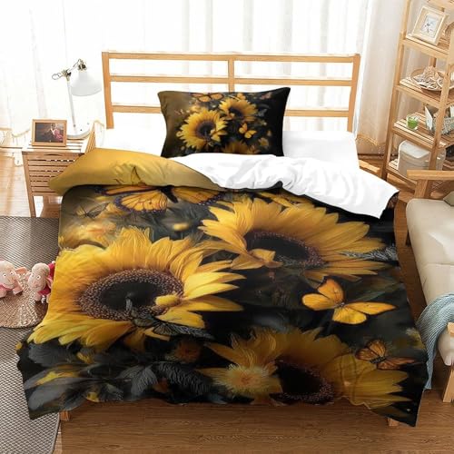 QUIRJIA Sunflowers-Butterflies-Romantic 3D Ensembles,Parure De Lit Et 2 Taies d'oreiller,Housse De Couette Single（135x200cm）