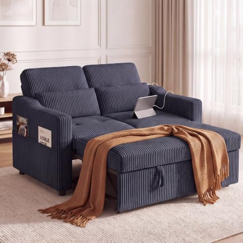Image of 51.6 inch 3-in-1 Convertible Sleeper Sofa Bed, Pull Out Loveseat Couch with 5-Position Adjustable Backrest, USB & Type-C Ports, Side Storage Pockets, Corduroy Sofa Bed for Small Spaces
