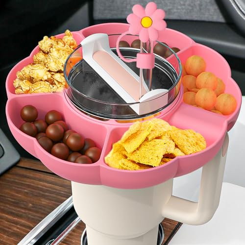 Meritpick Snack Bowl for Stanley 40 oz Tumbler with Handle, Snack Tray for Stanley Cup 40 oz, Reusable Snack Ring & Finger Chopsticks & Straw Cover Cap for Stanley Cup Accessories (Pink)