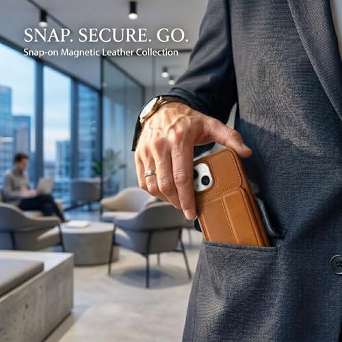 Image of amazon basics Luxury Vegan Leather Back Cover for iPhone 15 | Built-in Card Holder Slot | Integrated Mobile Stand | Slim Shockproof Protective Case with Stitched Finish - Tan