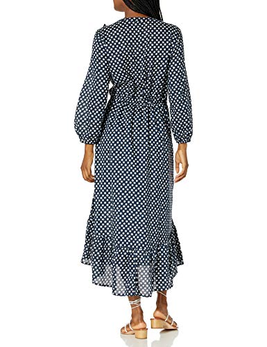 Lucky Brand Women's Long Sleeve Button Up Tie Waist Ruffle Dawn Maxi Dress, Navy Multi, S