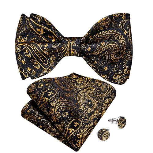 Image of DiBanGu Men Bow Tie Paisley Striped Self-Bow Tie for Men and Silk Woven Bowtie Pocket Square Cufflinks Wedding Party