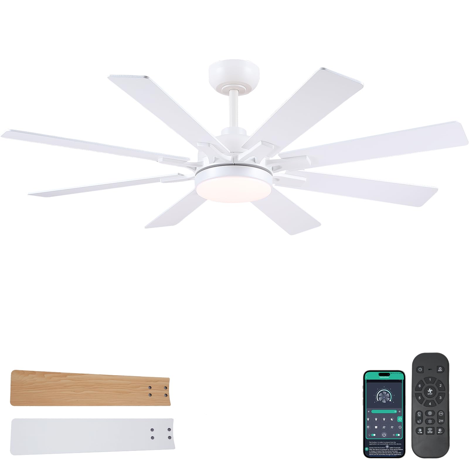 Kviflon Deckenventilator mit Beleuchtung Leise 132 cm, Deckenventilator mit Licht und Fernbedienung und App, Led Deckenventilatoren für Schlafzimmer Wohnzimmer, DC Motor, 8 Holz Flügel, Weiß