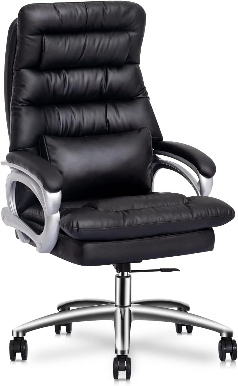 MoNiBloom Big and Tall Executive Office Computer Desk Chair, PU Leather Swivel Rolling Chair with Cushion Armrest and Wide Padded Seat, Black
