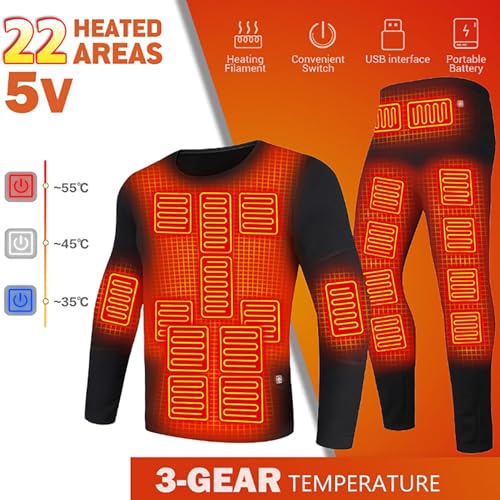 22 Areas Heating Underwears Set,USB Electric Heated Ski Heating Body Suit 3 Gear Temperature Smart Control for Unisex3