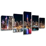 CrmArt 5 Panel Large Canvas Print Wall Art – MANHATTAN NIGHT LIGHTS New York City Cityscape Giclee C