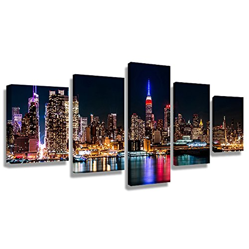 Crmart 5 Panel Large Canvas Print Wall Art – Manhattan Night Lights New York City Cityscape Giclee Canvas Printing(60" W X 32" H, Framed) #TOP6